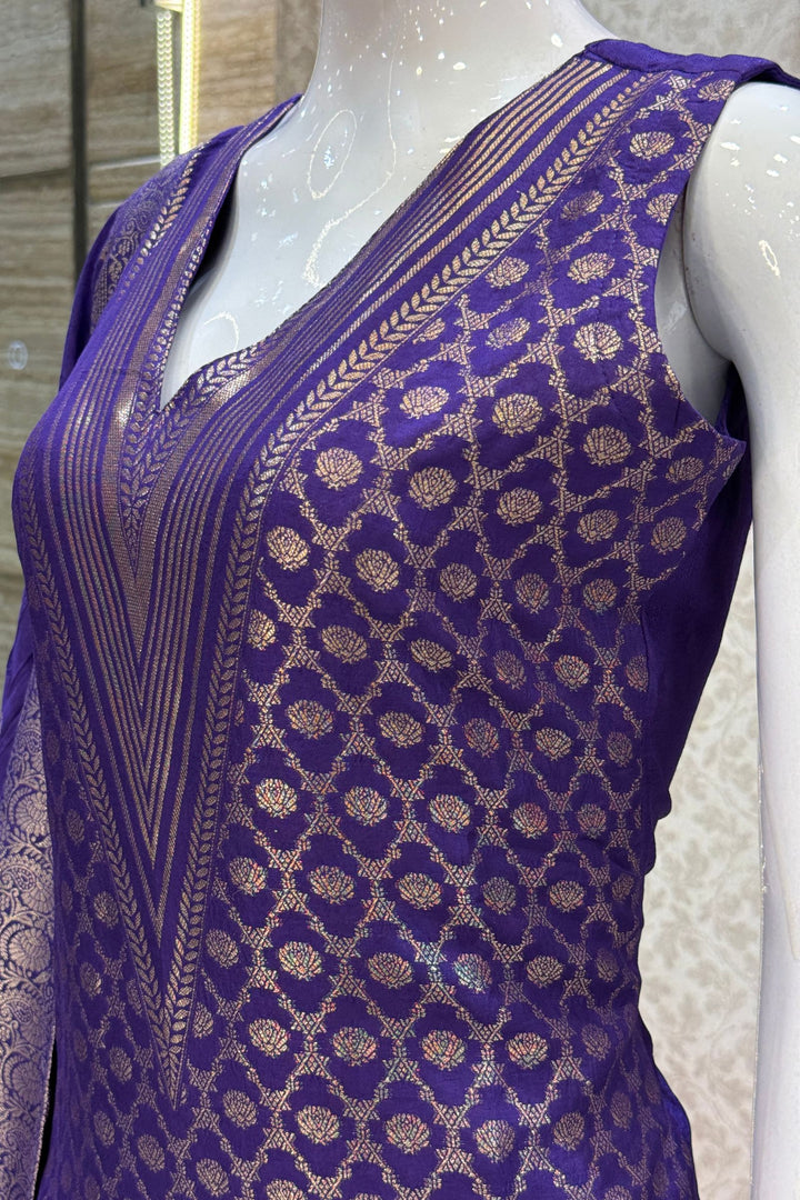 Purple Banaras work V-Neck Straight Cut Salwar Suit