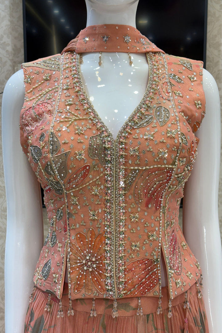 Peach Beads, Mirror and Zardozi work with Digital Print Peplum Style Lehenga