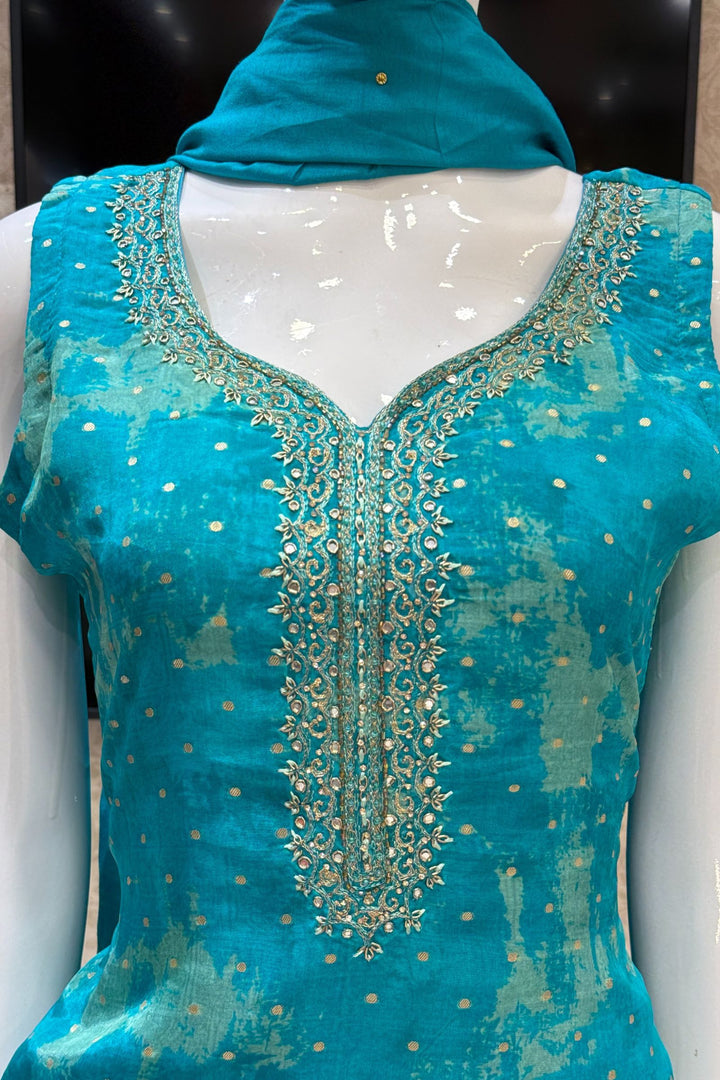 Rama Blue Stone, Zari, Beads, Zardozi and Mirror work Straight Cut Salwar Suit