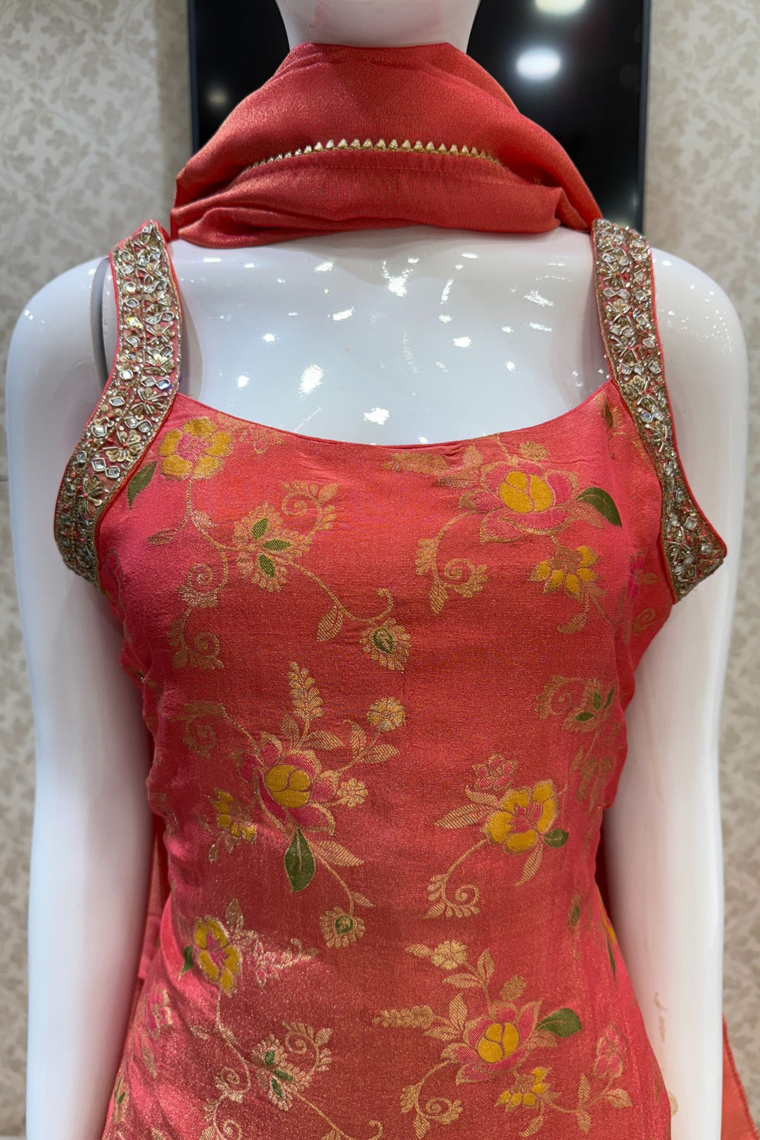 Orange Zari, Beads, Sequins, Zardozi, Stone and Jacquard work Palazzo Salwar Suit