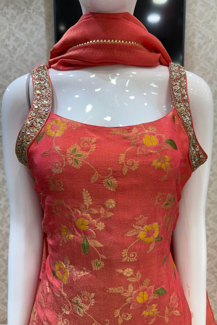 Orange Zari, Beads, Sequins, Zardozi, Stone and Jacquard work Palazzo Salwar Suit