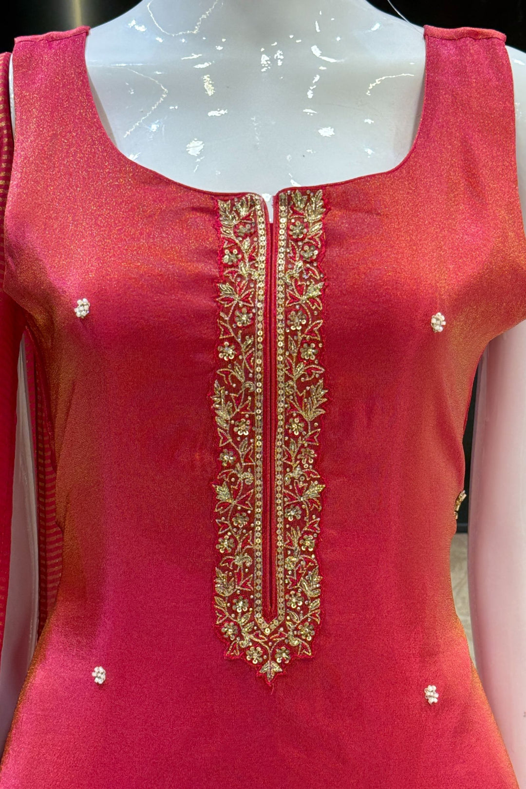 Rani Pink Beads, Zari, Stone and Sequins work Straight Cut Salwar Suit