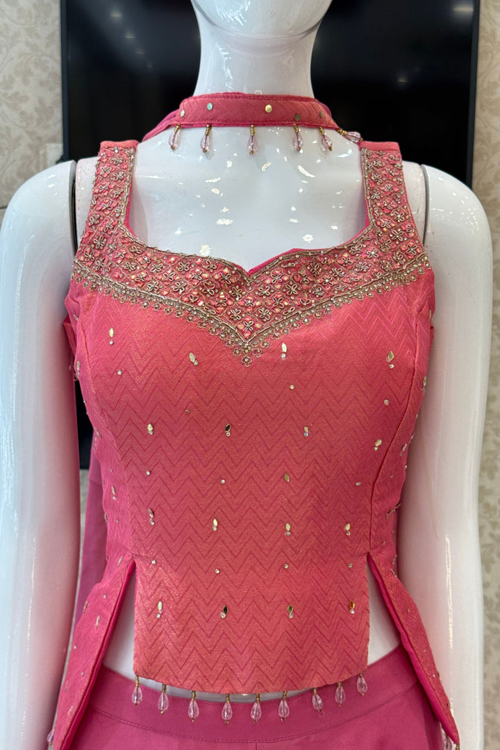 Lotus Pink Banaras, Stone, Mirror and Beads work Palazzo Suit Set