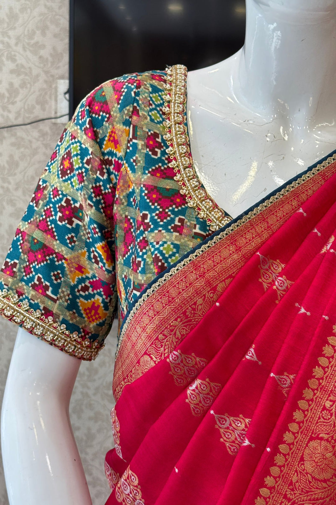 Rani Pink Banaras work Saree with Patola Print, Sequins and Zardozi work Readymade Blouse