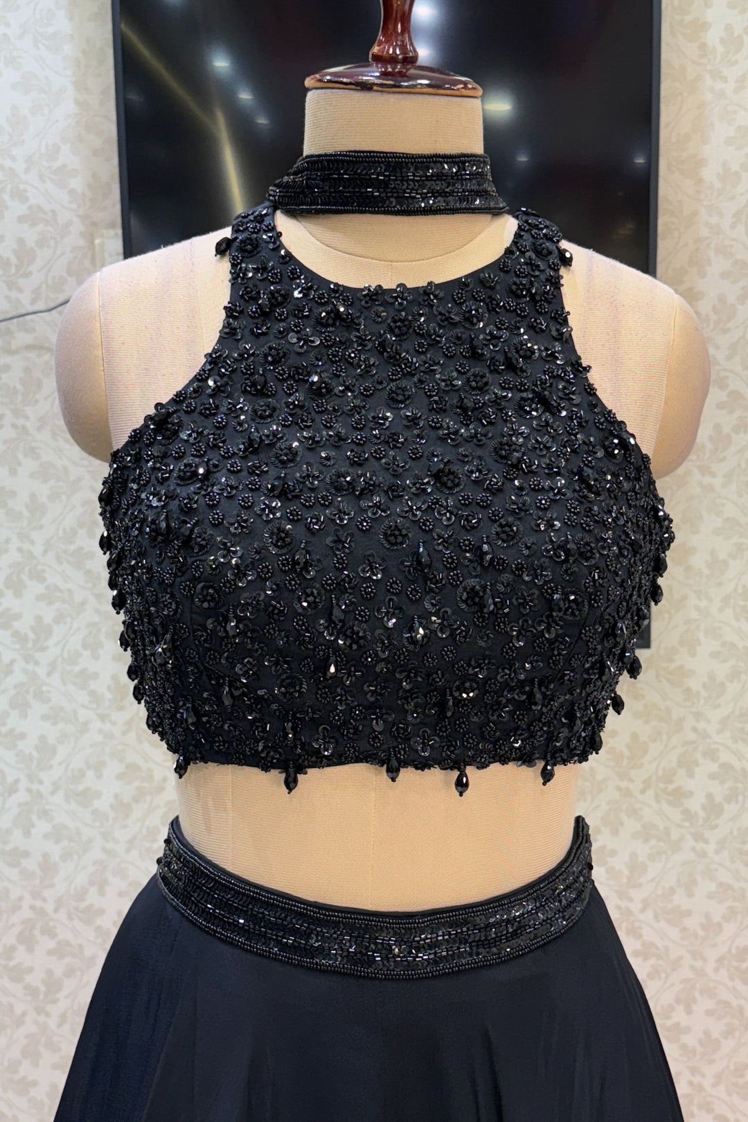Black Beads and Sequins work Crop Top Lehenga