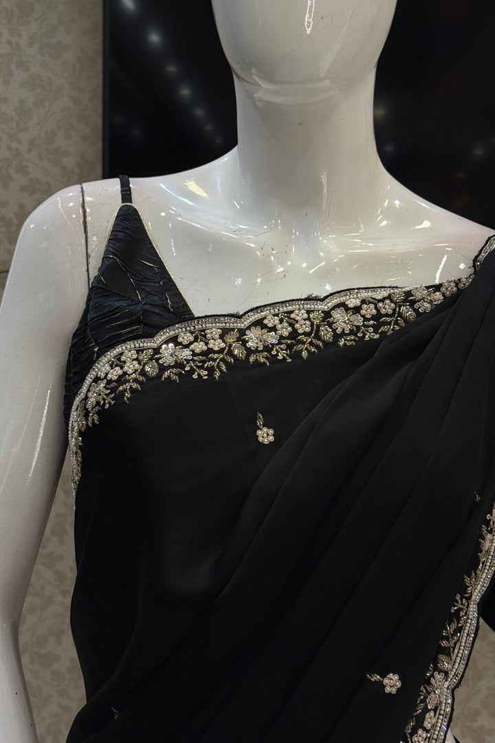 Black Satin Saree Featuring Exquisite Stone, Bead, Zardozi and Sequins