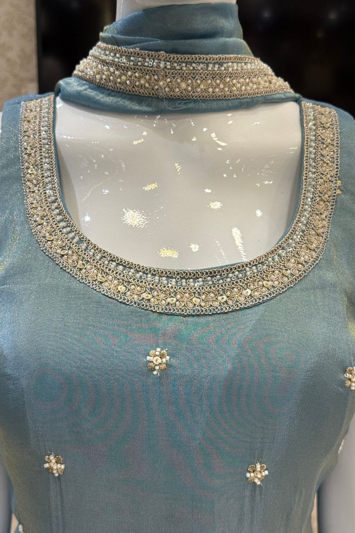 Sea Blue Beads, Zari and Sequins work Top with Flared Palazzo Set