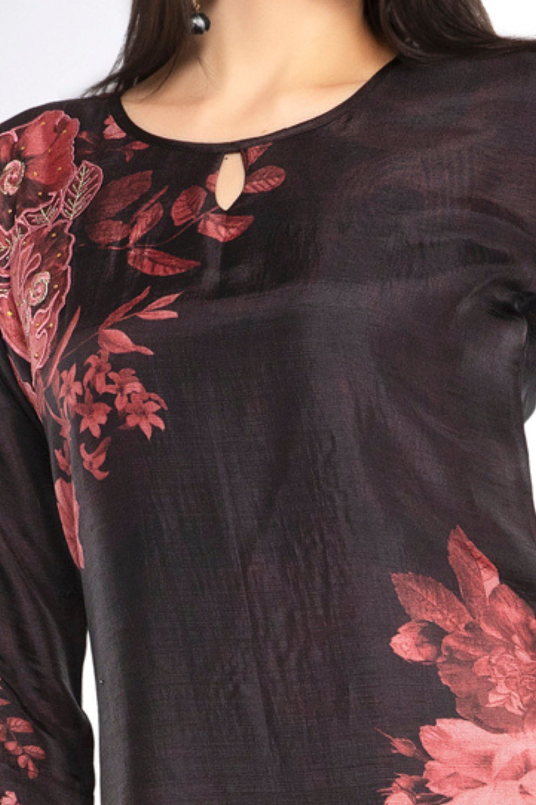 Black Stone, Mirror and Zari work with Floral Print A-line Cut Calf Length Kurti