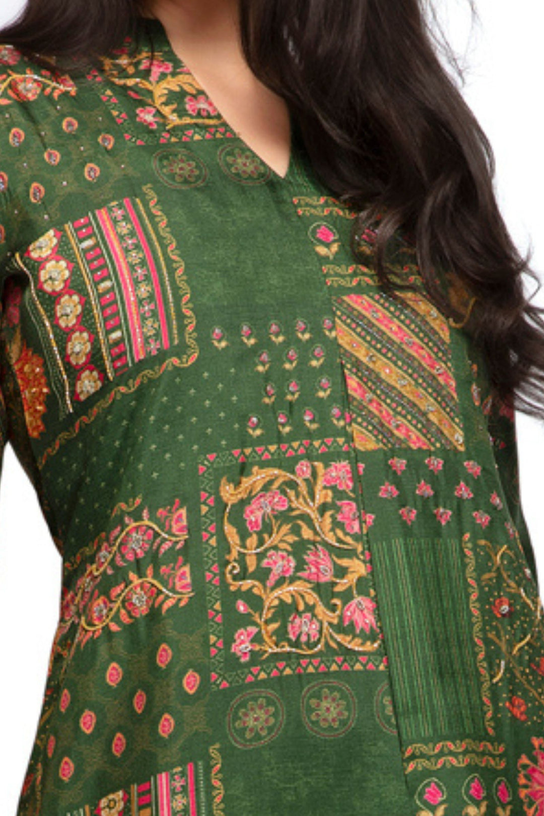 Green Beads, Stone and Sequins work with Multicolor Digital Print A-line Cut Calf Length Kurti