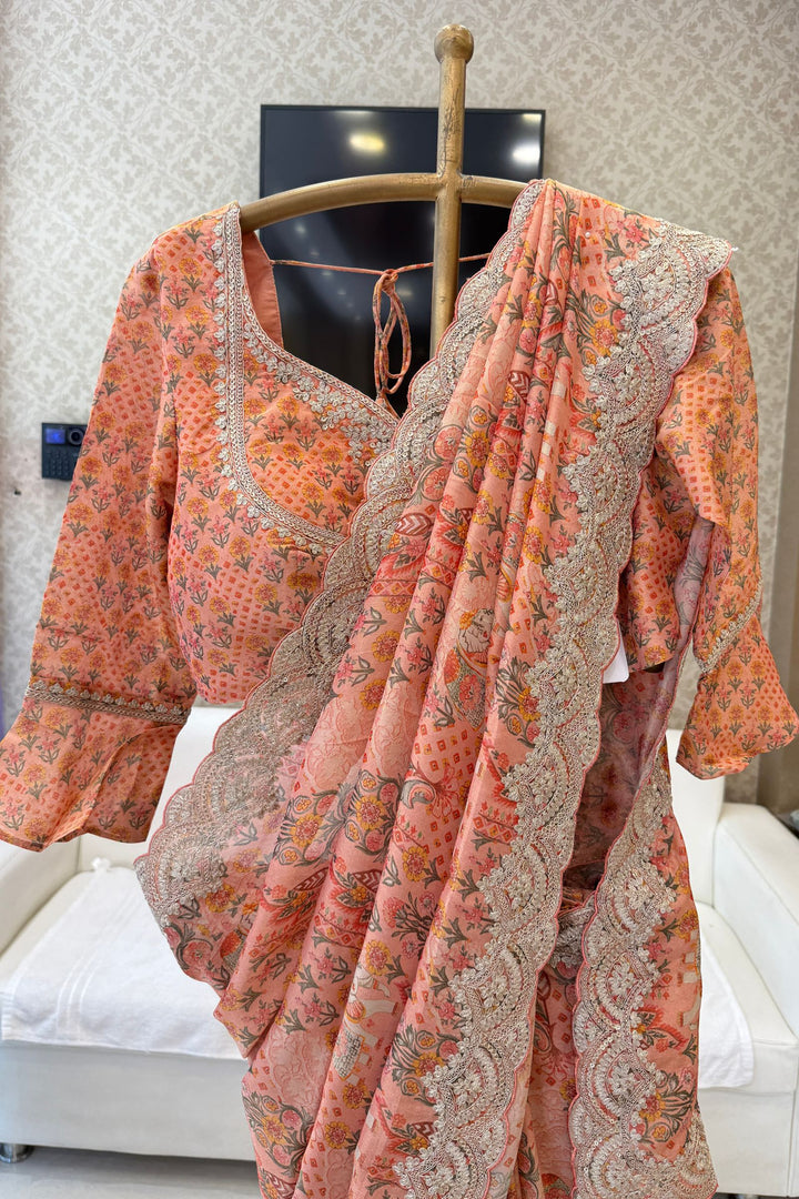 Peach Sequins and Zari work with Digital Print Saree