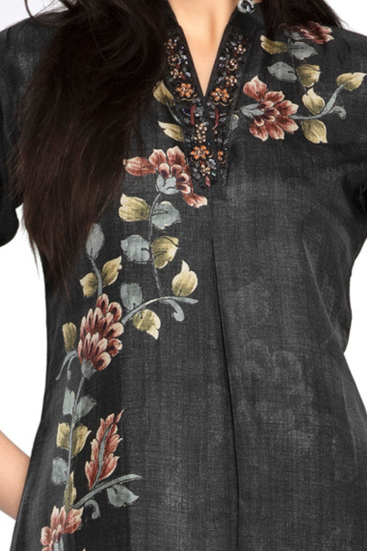Black Zardozi, Beads, Stone and Sequins work with Floral Print A-line Cut Calf Length Kurti