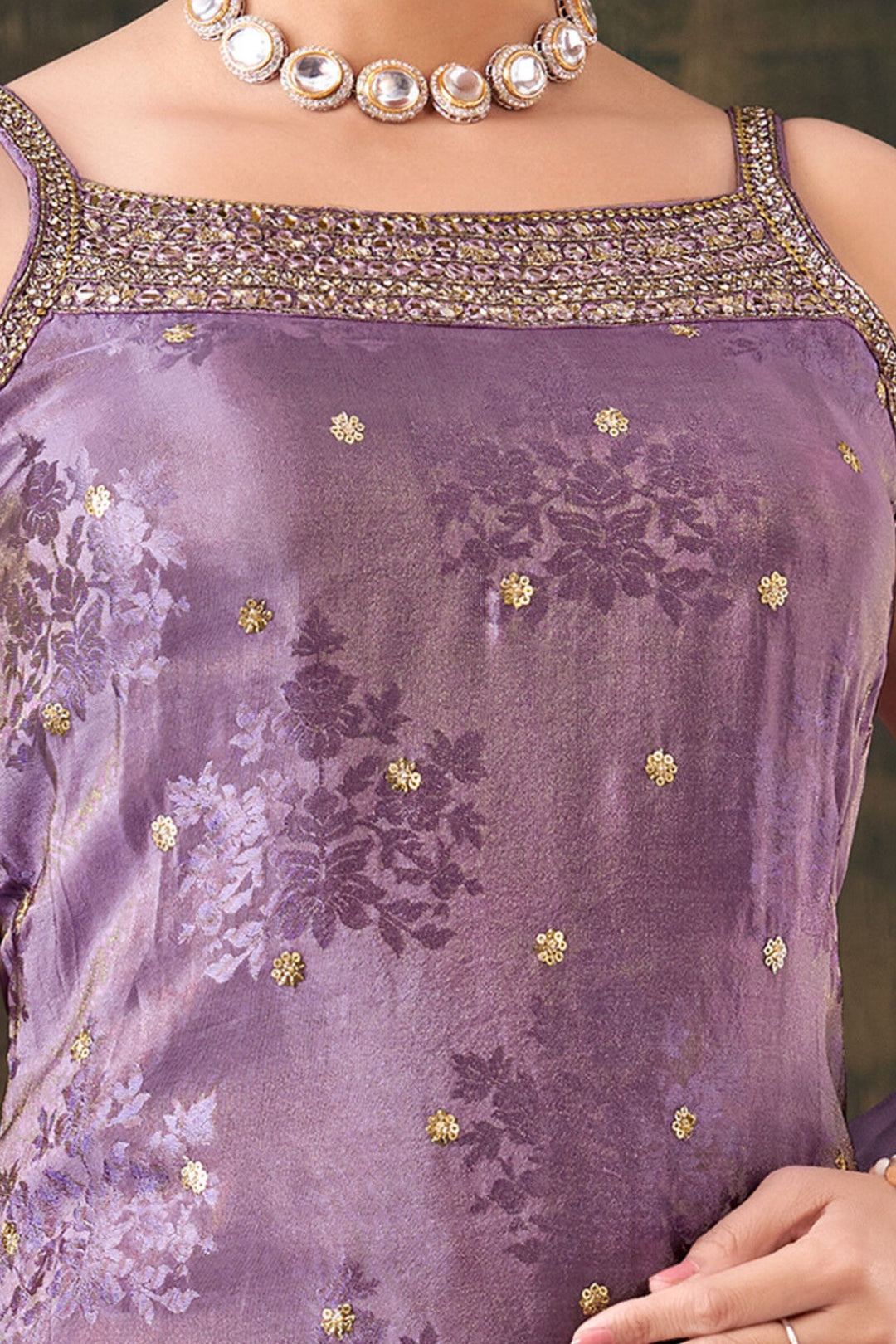 Purple Banaras, Sequins, Zari, Mirror, Stone and Beads work Palazzo Salwar Suit