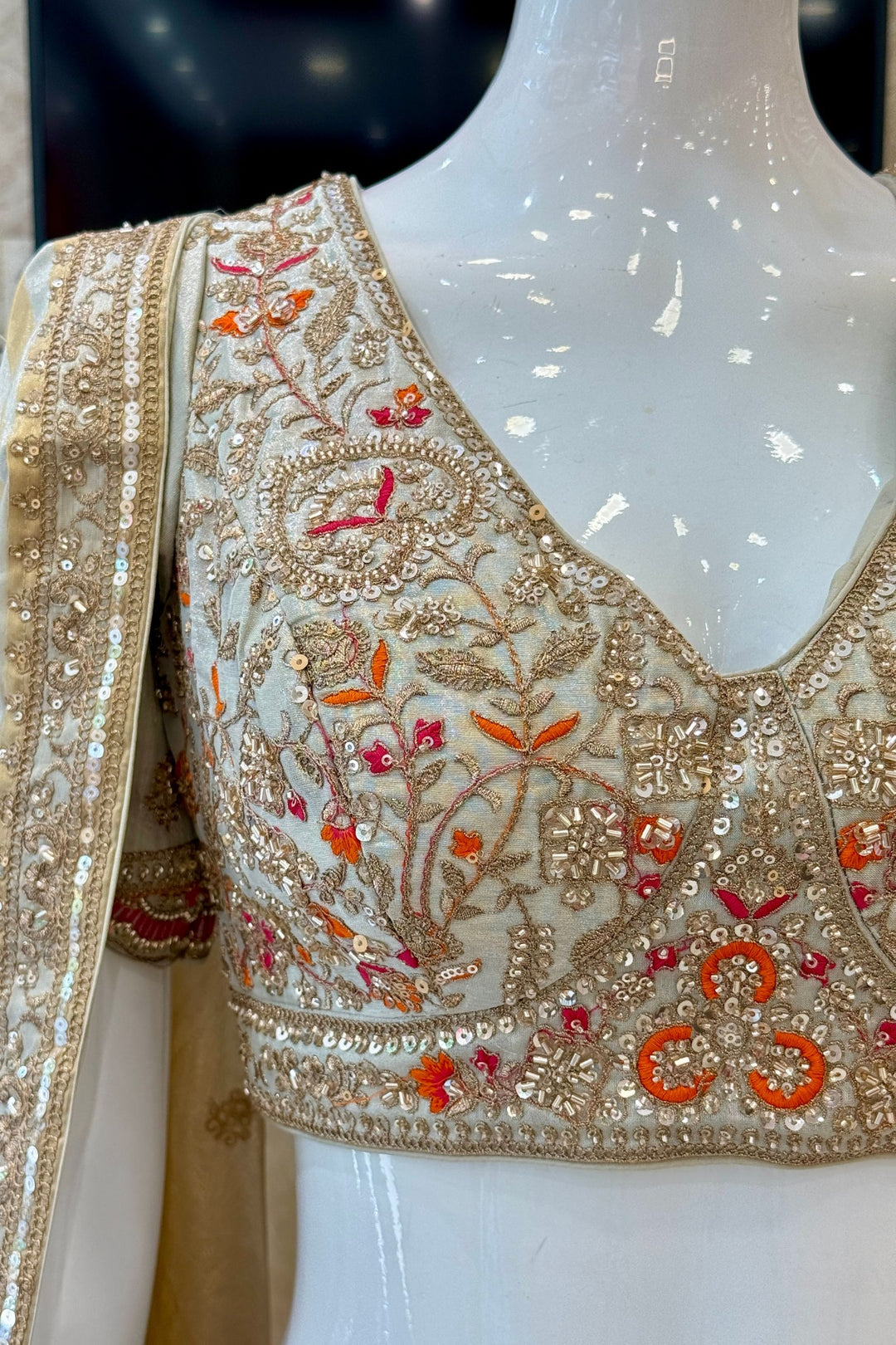 Light Grey Zari, Beads, Sequins and Multicolor Embroidery work Crop Top Designer Bridal Lehenga