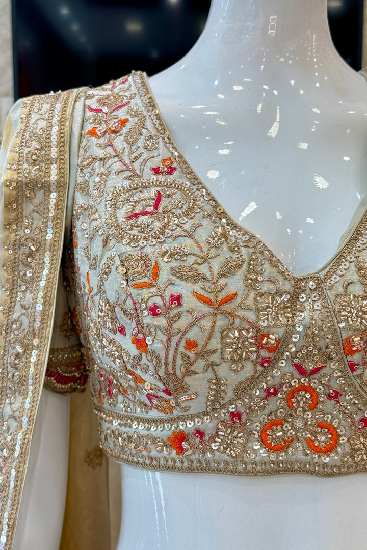 Light Grey Zari, Beads, Sequins and Multicolor Embroidery work Crop Top Designer Bridal Lehenga