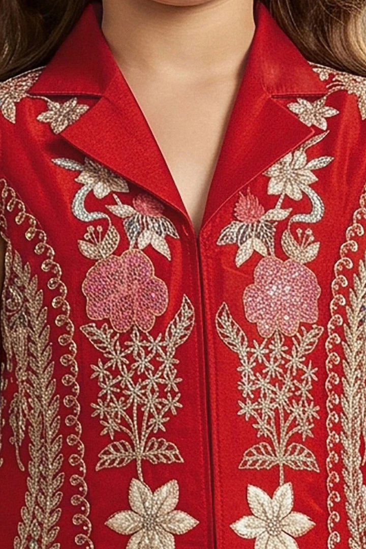 Red Girls Palazzo Set with Embroidery, Beads and Sequins work