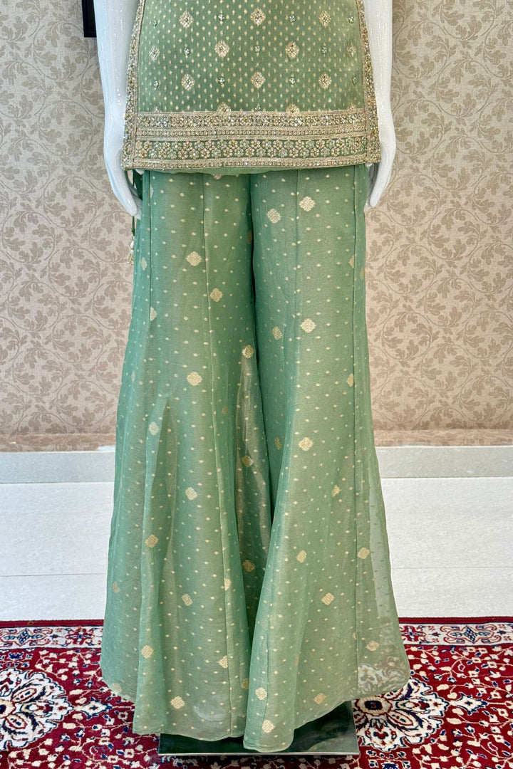 Pista Green Palazzo Salwar Suit with Banaras, Mirror, Zardozi, Zari and Embroidery Detailing