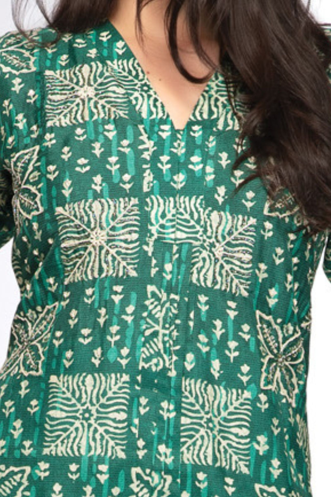 Green Beads and Sequins work with Digital Print Calf Length Kurti
