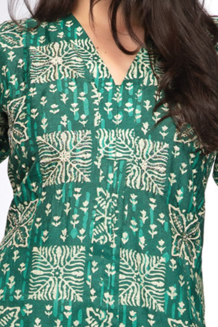Green Beads and Sequins work with Digital Print Calf Length Kurti