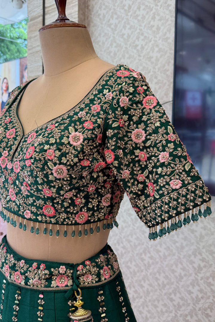 Bottle Green Bridal Lehenga with Pink Dupatta and Stone, Embroidery work