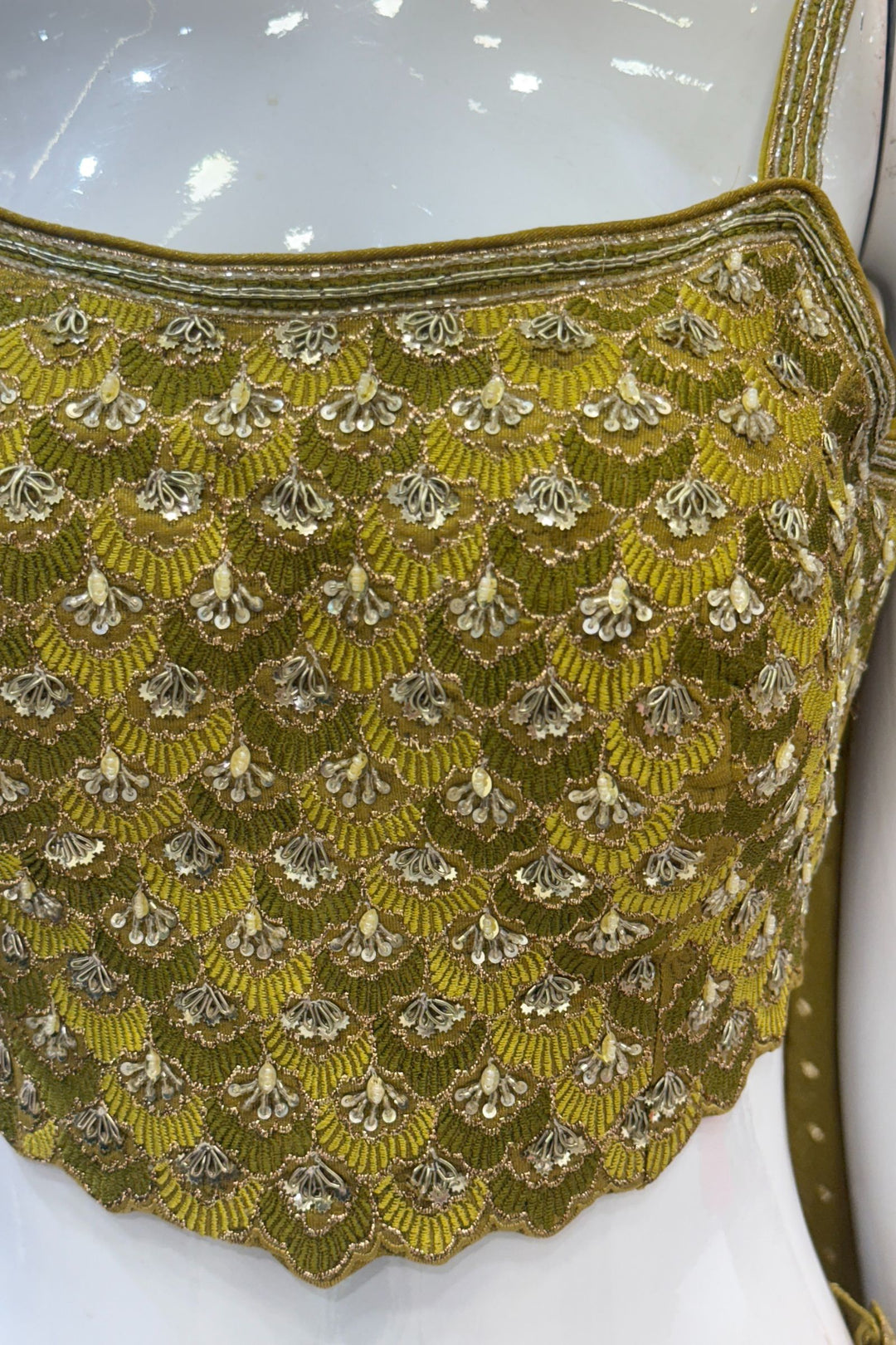 Olive Green Zardozi, Sequins, Banaras and Embroidery work Crop Top with Palazzo Pant