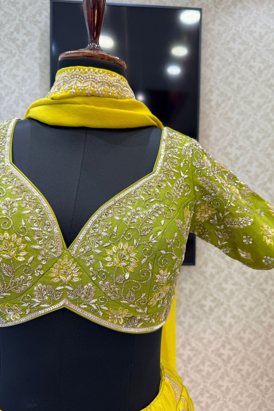 Parrot Green with Liril Green Beads, Sequins, Zardozi and Banaras work Crop Top Lehenga