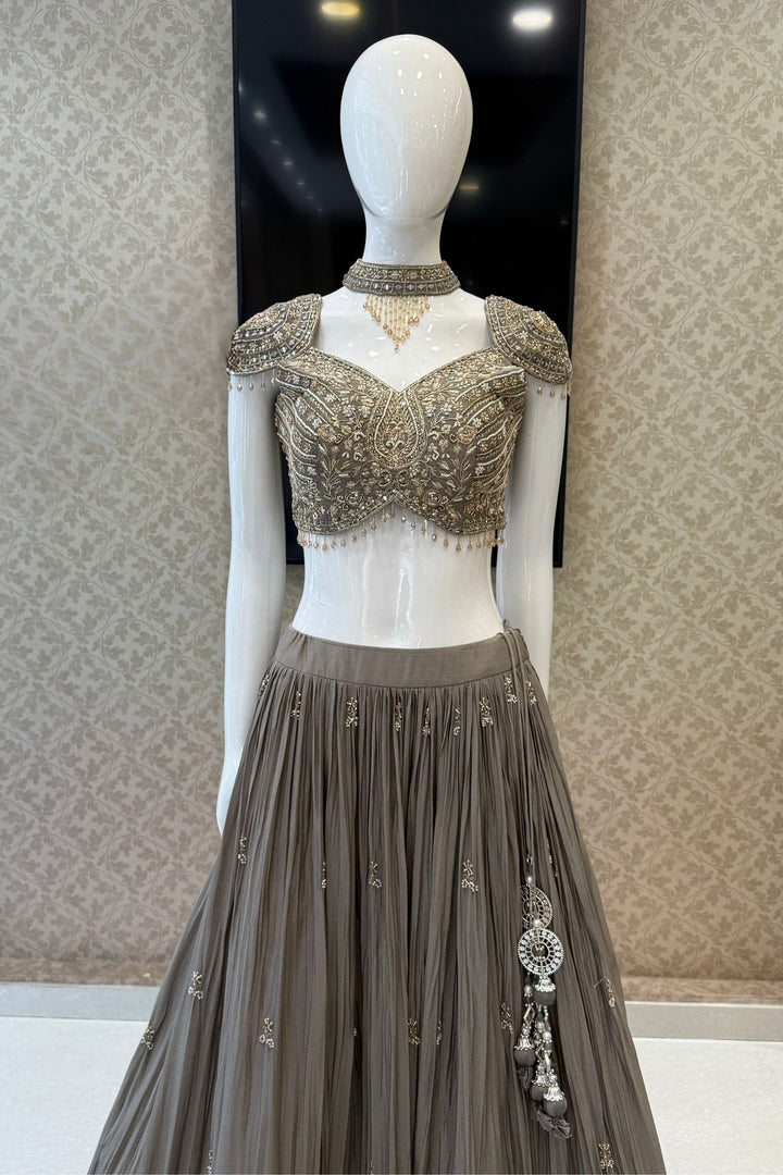 Designer Grey Lehenga with Intricate Beads, Zardozi, Mirror, Kundan and Sequins work