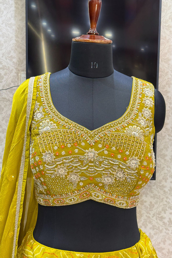 Liril Green Stone, Zardozi, Sequins and Mirror work with Bandini Print Crop Top Lehenga