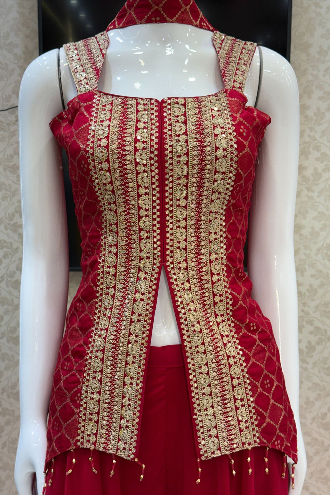 Rani Pink Banaras Zari, Sequins and Zari Thread work Palazzo Suit Set