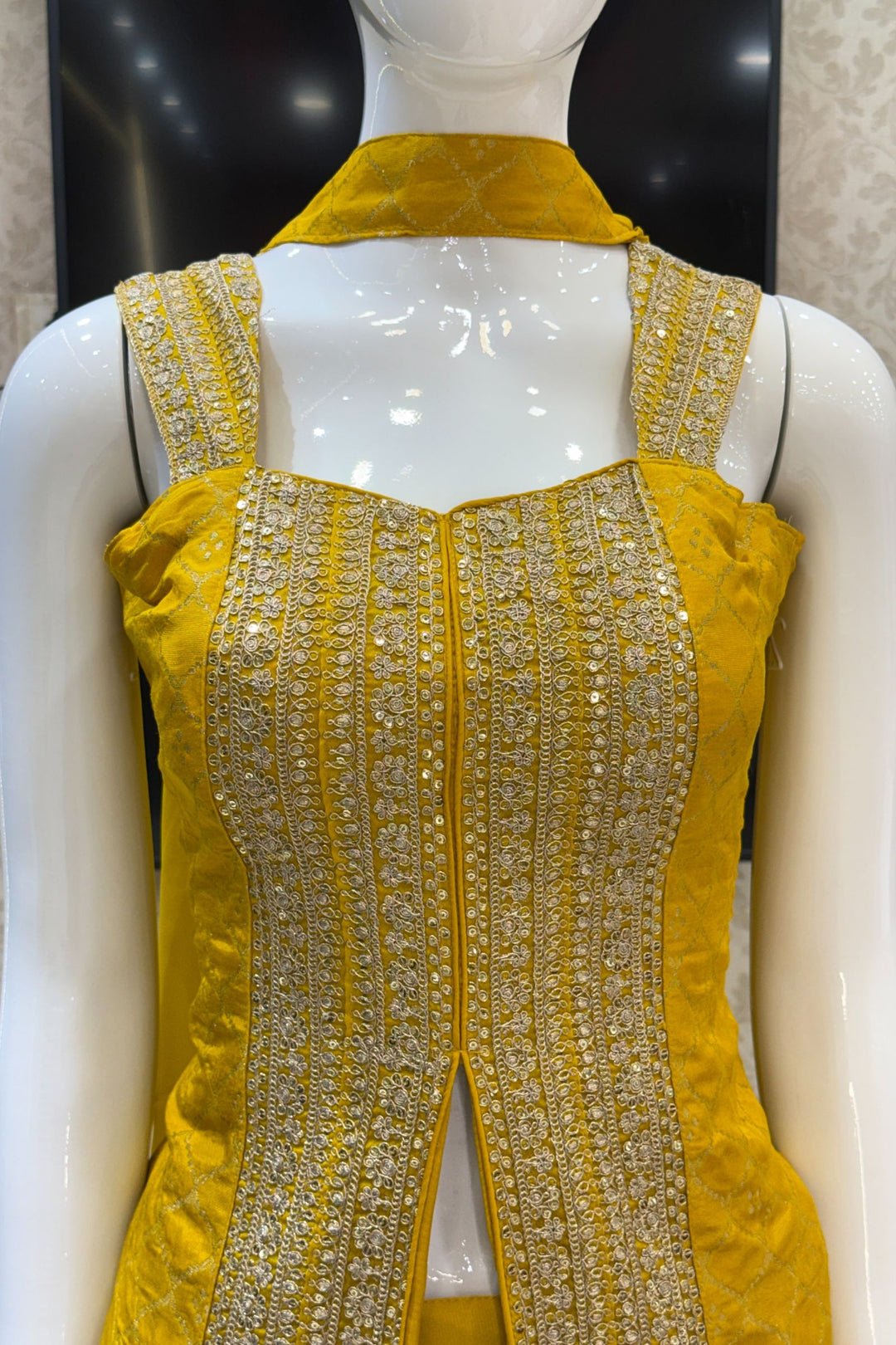 Yellow Banaras Zari, Sequins and Zari Thread work Palazzo Suit Set