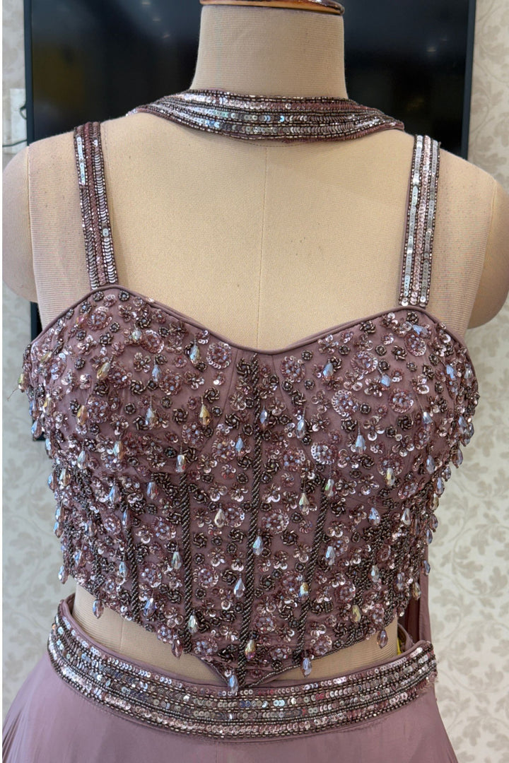 Light Brown Beads and Sequins work Crop Top Lehenga