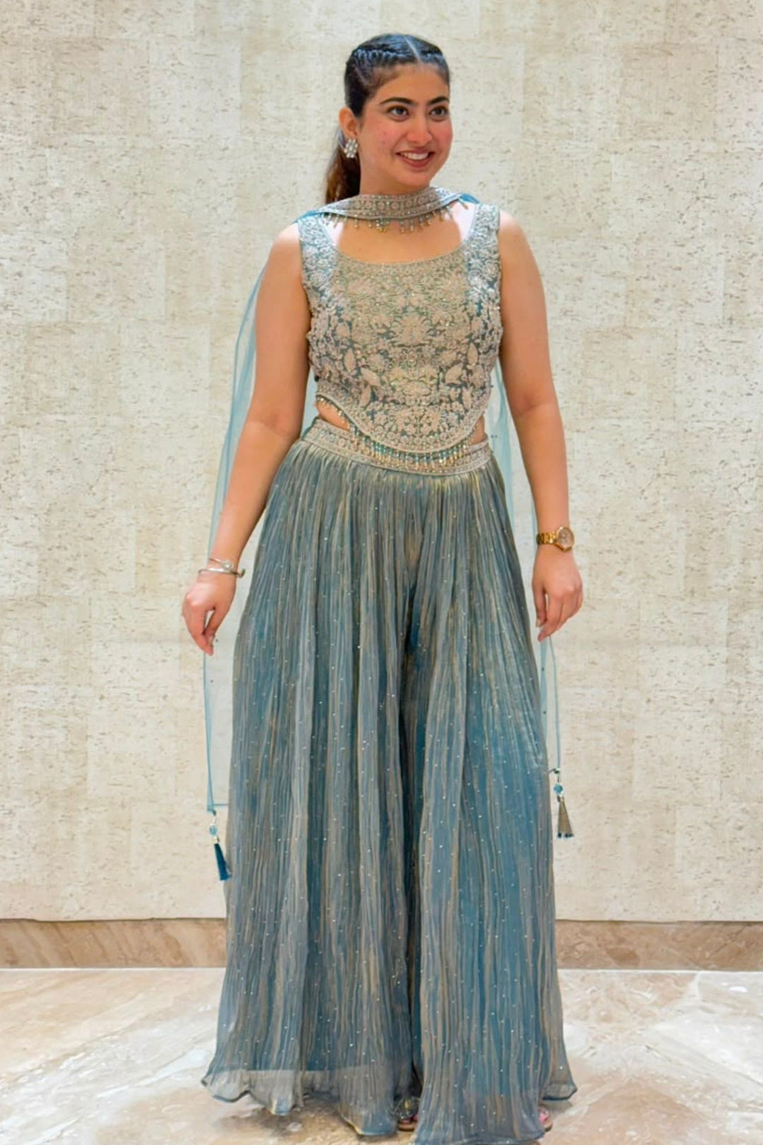 Sea Blue Zari Thread, Stone and Beads work Palazzo Set with Corset Top