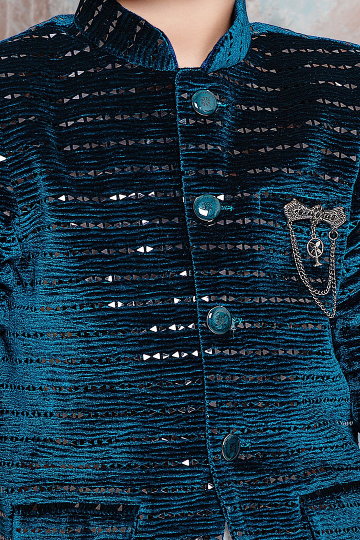 Peacock Green Waist Coat with White T-Shirt and Black Pant Set for Boys