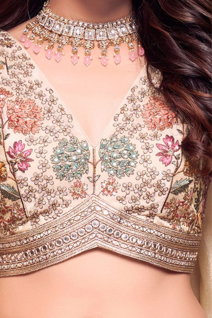 Cream Sequins, Beads, Zardozi and Multicolor Embroidery work Crop Top Lehenga