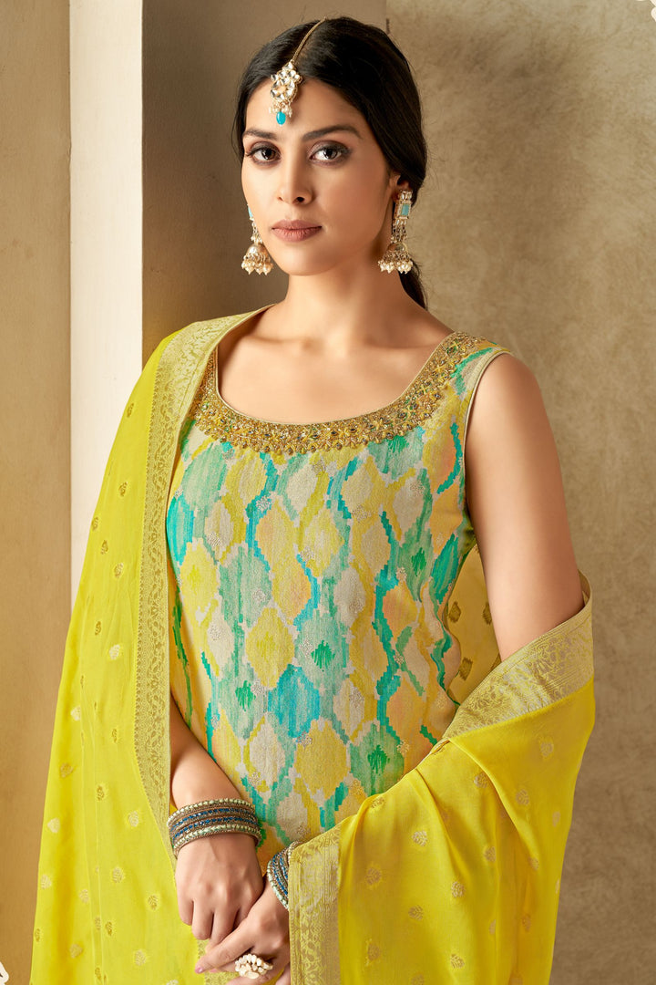 Multicolor Digital Print, Beads, Stone, Zari and Banaras work Straight Cut Salwar Suit