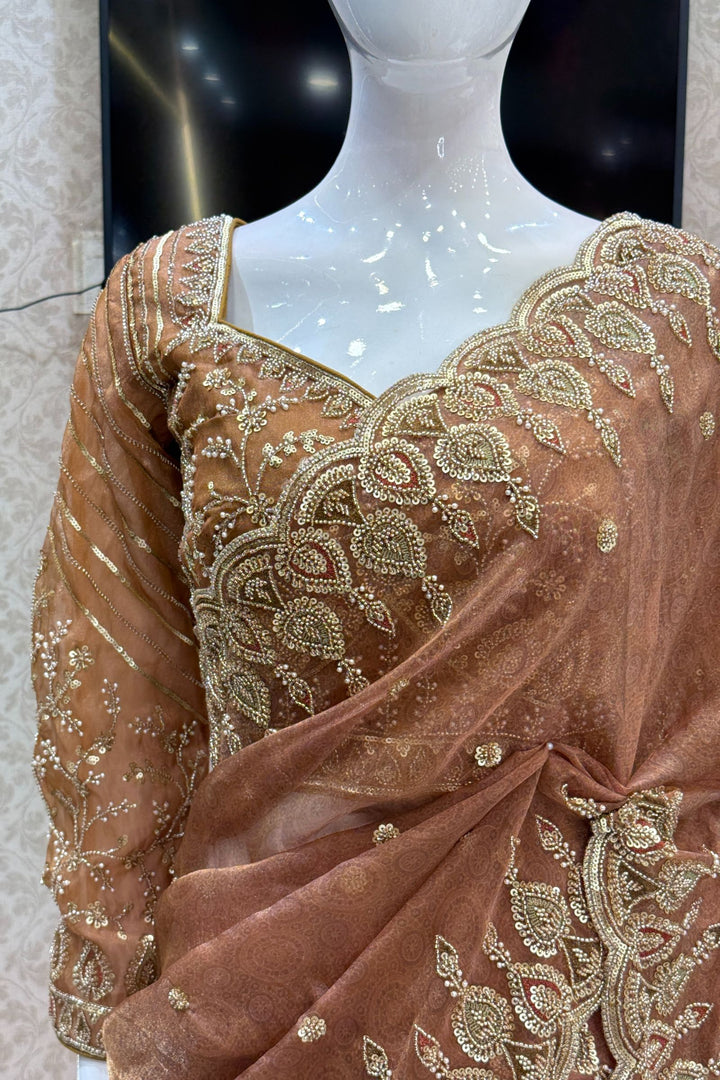 Mustard Pearls, Beads and Multicolor Thread work with Self Print Saree