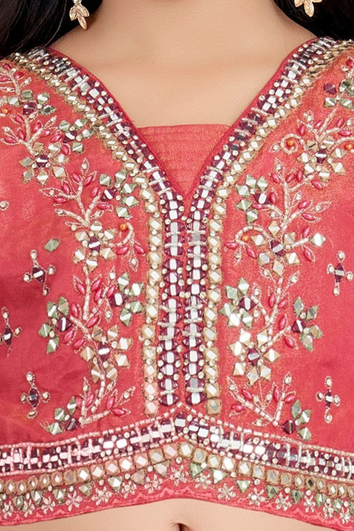 Tomato Red Mirror, Zardozi, Zari, Beads and Sequins work Lehenga Choli for Girls