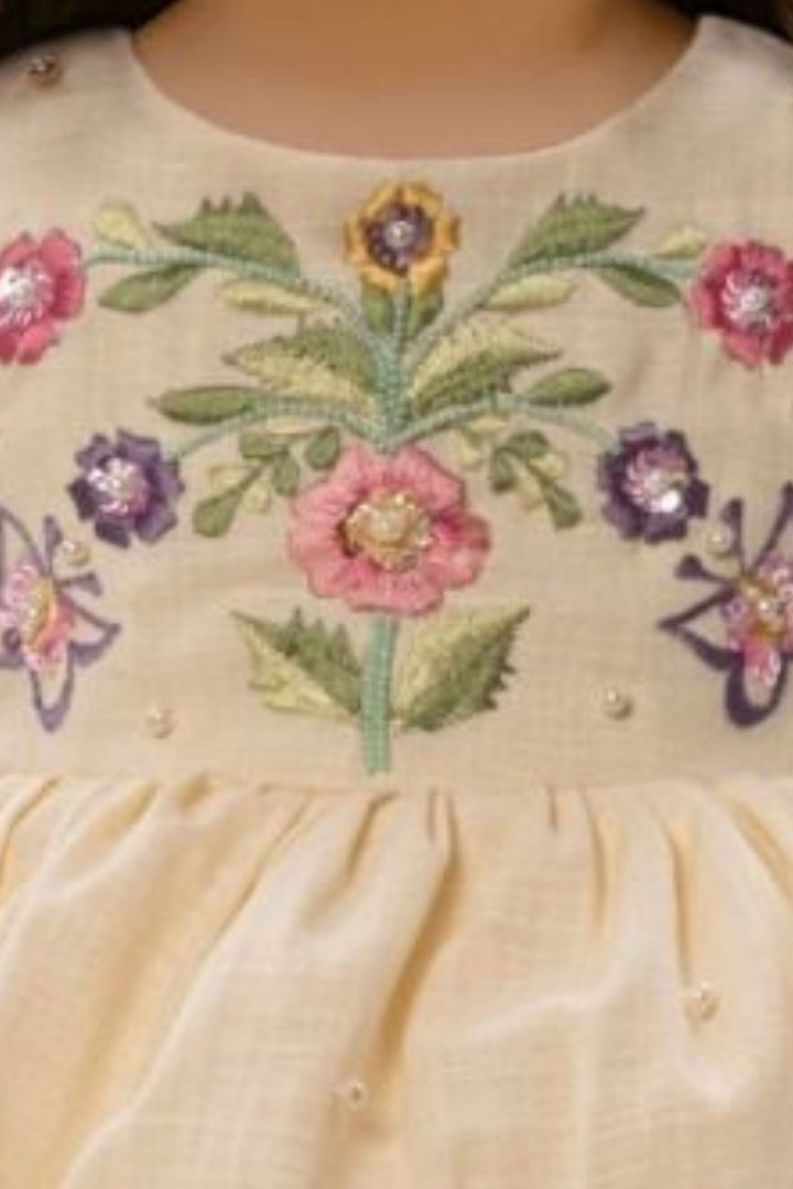 Cream Embroidery, Sequins and Beads work Short Partywear Frock for Girls