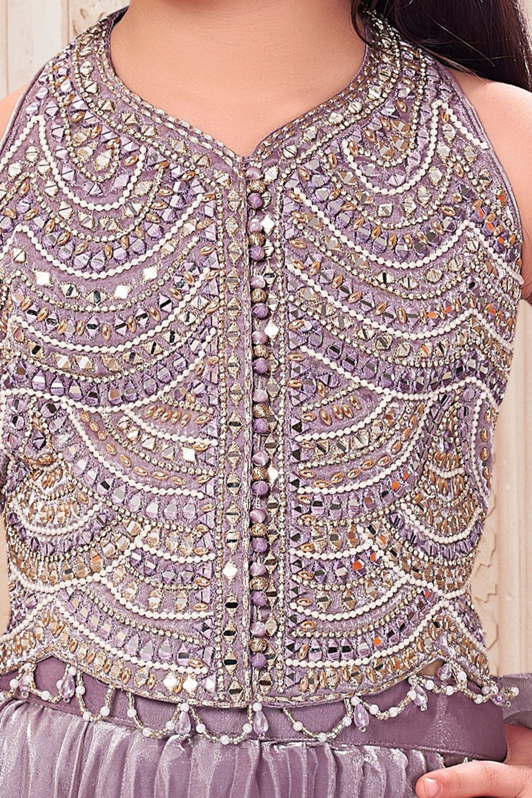Lavender Mirror, Stone, Beads and Zari work Lehenga Choli for Girls