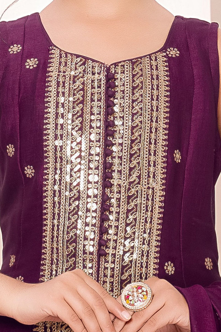 Wine Sequins and Zari work Salwar Suit for Girls