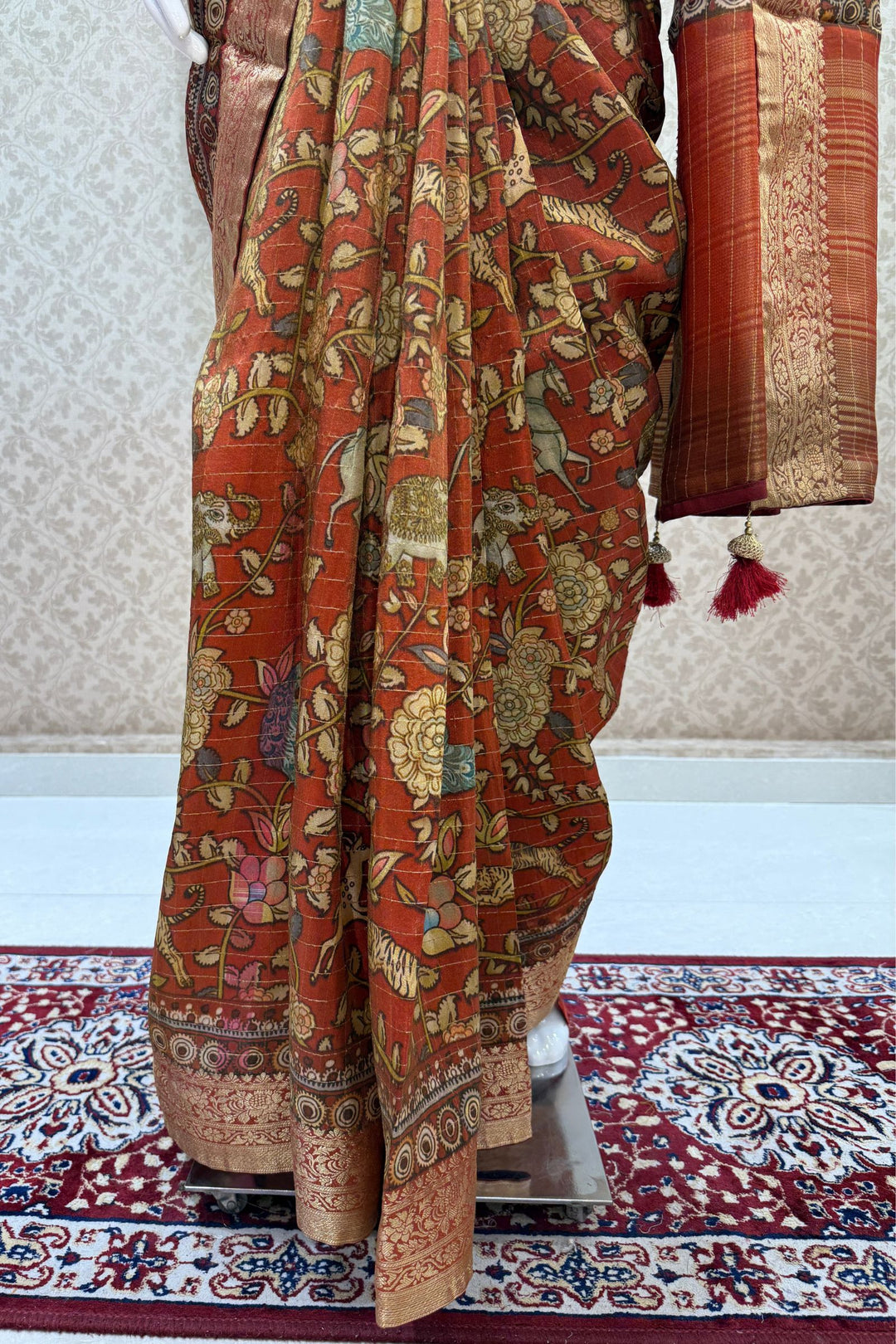 Rust Orange Saree with Traditional Kalamkari Prints and Banaras Zari Border