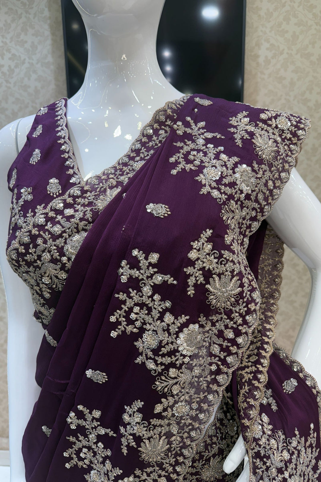 Purple Zari and Sequins work Saree
