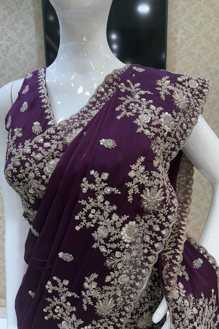 Purple Zari and Sequins work Saree