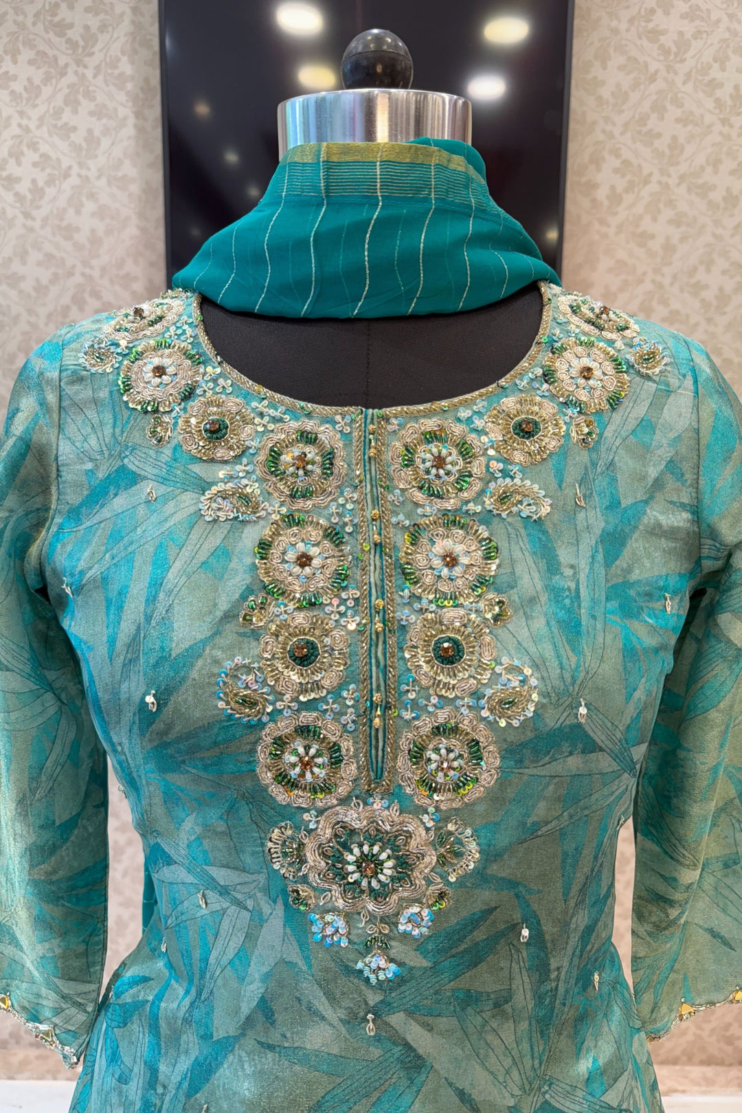 Rama Blue Zardozi, Beads, Sequins, Pearl, Stone and Banaras work Palazzo Salwar Suit