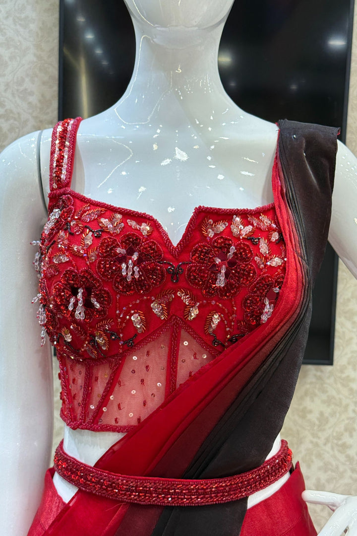 Red with Black Readymade Saree with Beads and Sequins work Readymade Blouse