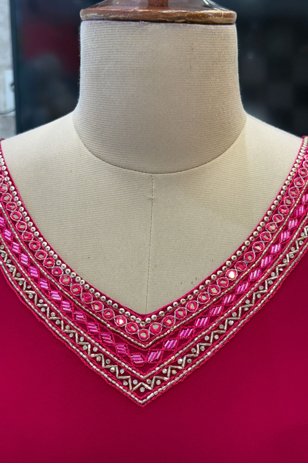 Rani Pink Beads and Sequins work Anarkali Gown with Traditional Banaras work Dupatta