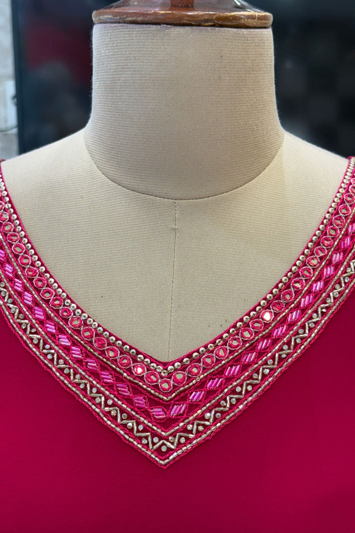 Rani Pink Beads and Sequins work Anarkali Gown with Traditional Banaras work Dupatta