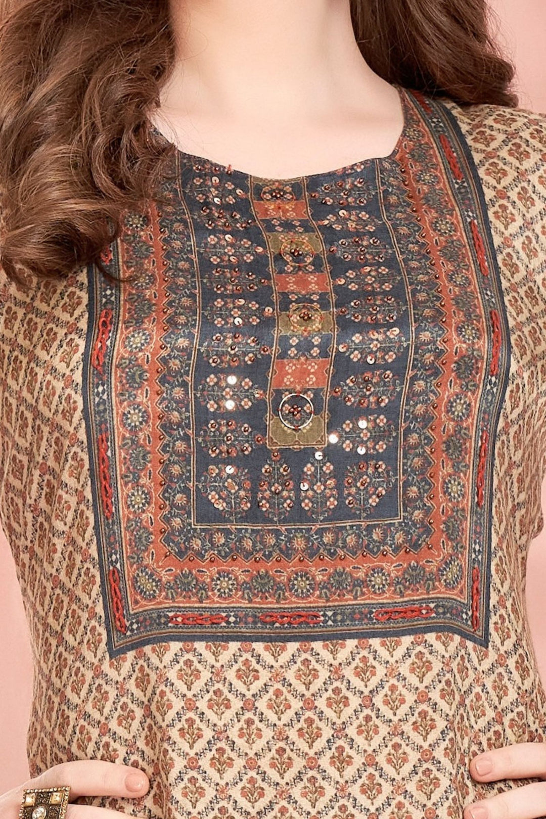 Beige Beads work with Multicolor Digital Print Calf Length Kurti