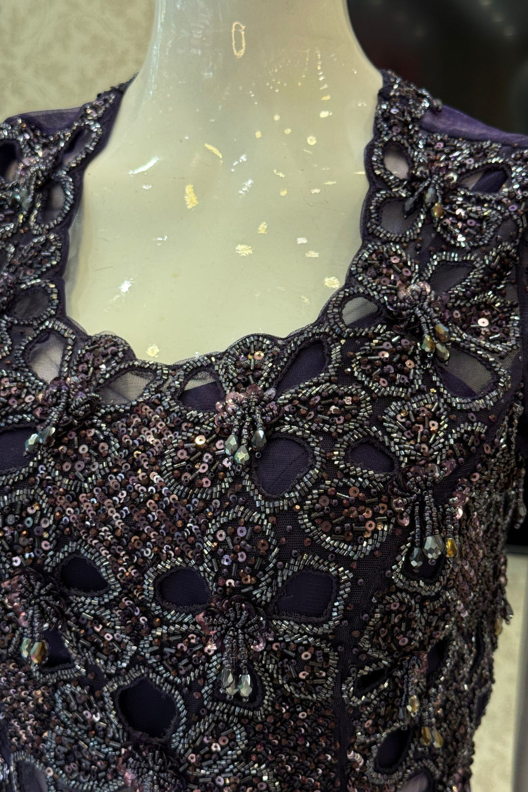 Purple Indo-Western Styled Beads and Sequins work Top and Cowl Skirt