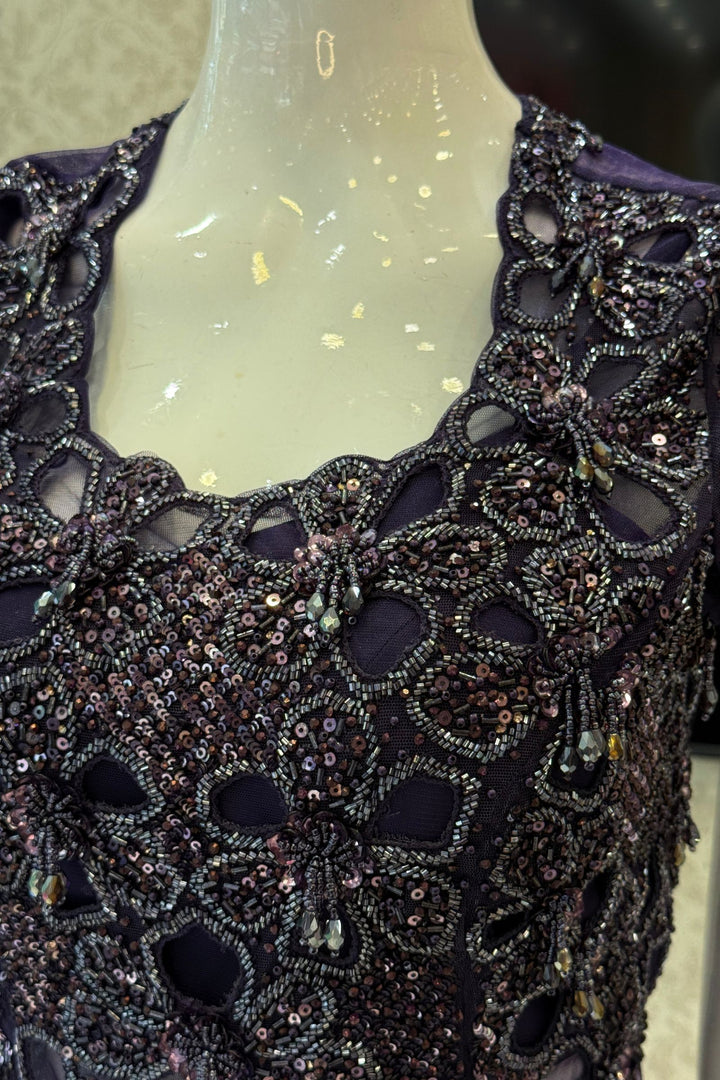 Purple Indo-Western Styled Beads and Sequins work Top and Cowl Skirt