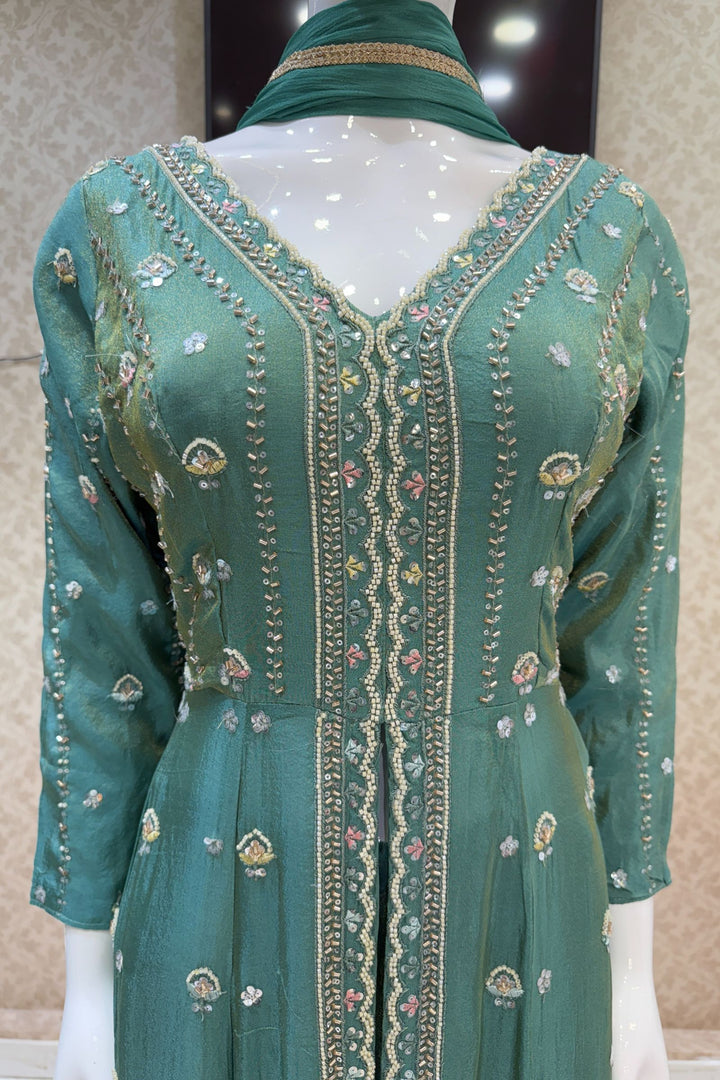 Sea Green Beads, Sequins and Thread work Long Top with Straight Pant